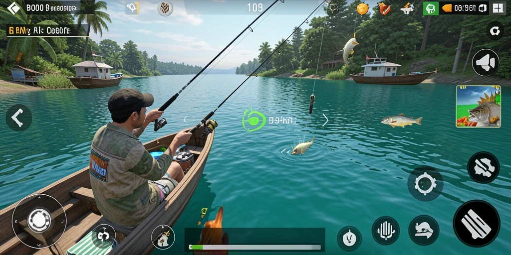 Screenshot gameplay BOS01 yang menampilkan suasana memancing yang menakjubkan.