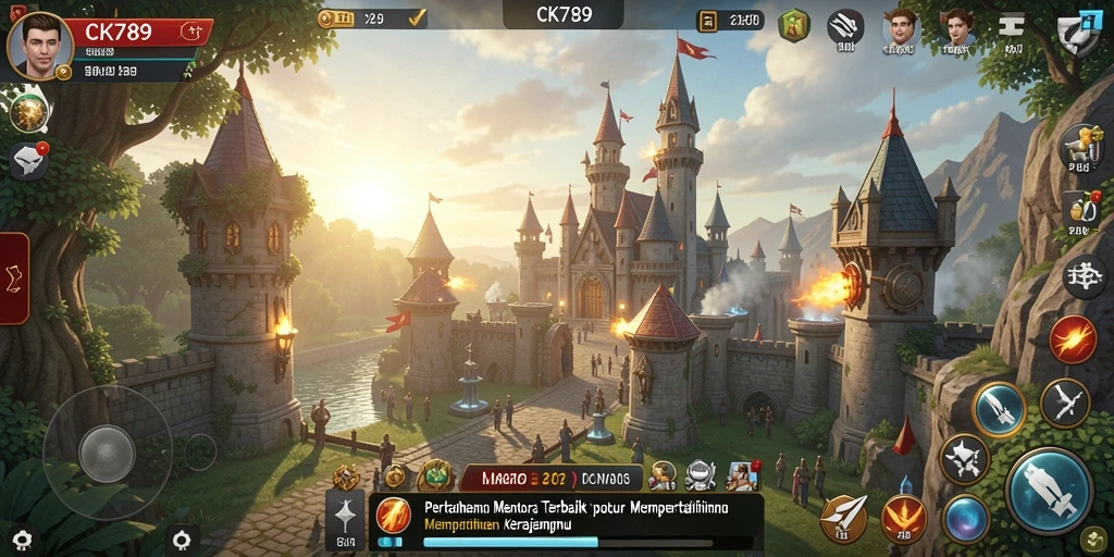 Screenshot CK789 menampilkan aksi menara pertahanan yang epik dalam perang.