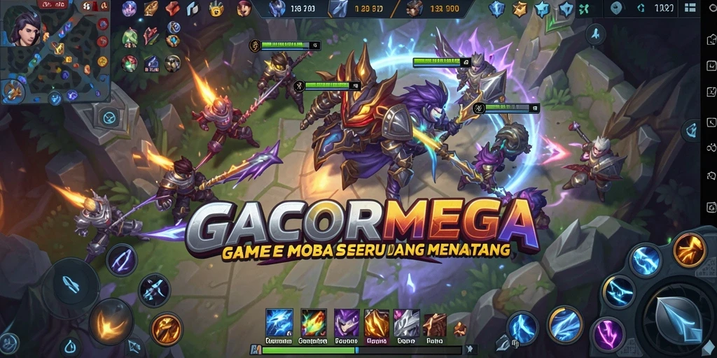 Gameplay intens GACORMEGA menampilkan pertempuran MOBA yang seru.