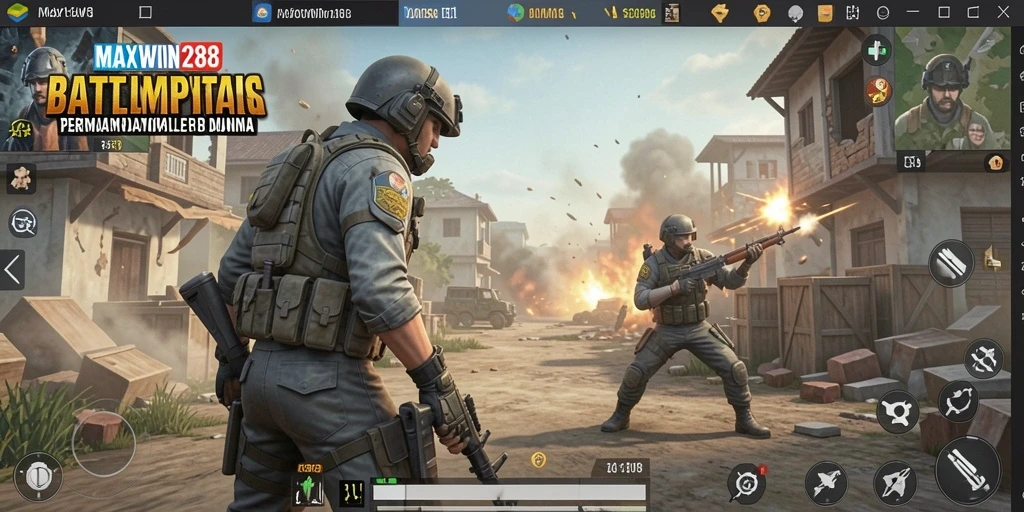 Screenshot gameplay MAXWIN288 dengan pertempuran intens di arena Battle Royale.