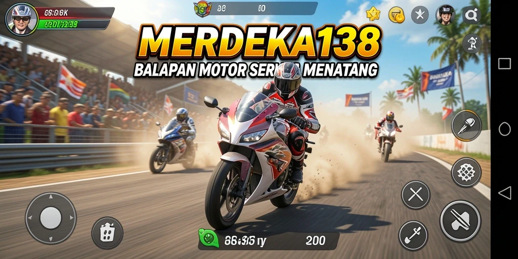 Screenshot gameplay MERDEKA138 yang menampilkan aksi balapan motor menegangkan.
