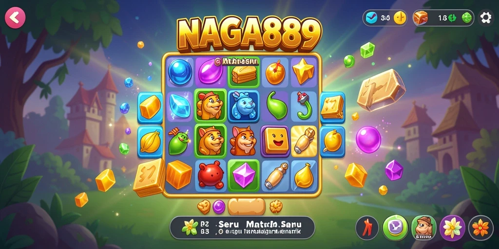 Screenshot gameplay NAGA889 menampilkan aksi mencocokkan tiga ikon cerah.