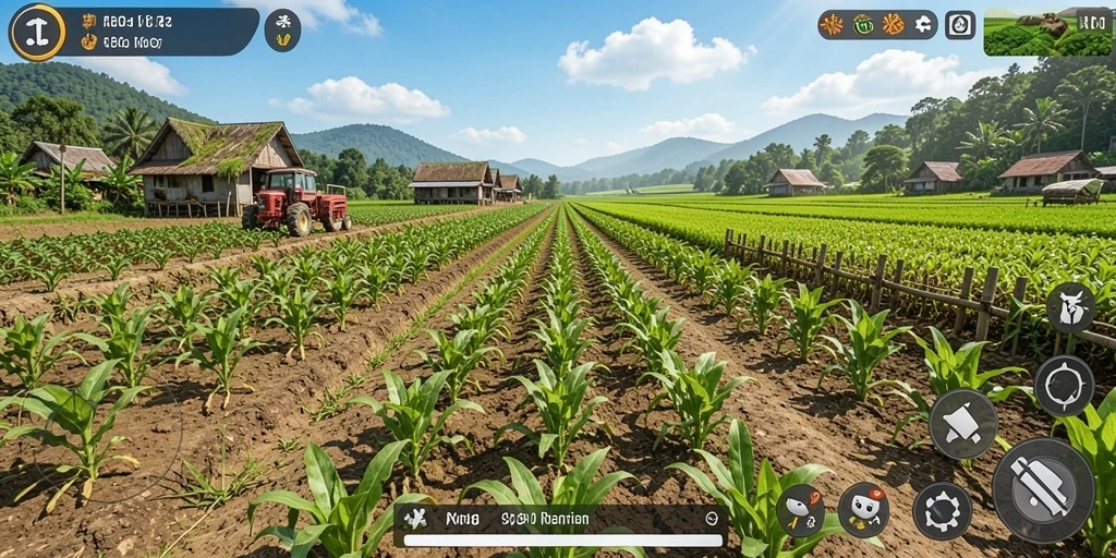 Gameplay RP8 yang menunjukkan aktivitas berkebun dan pemeliharaan hewan.
