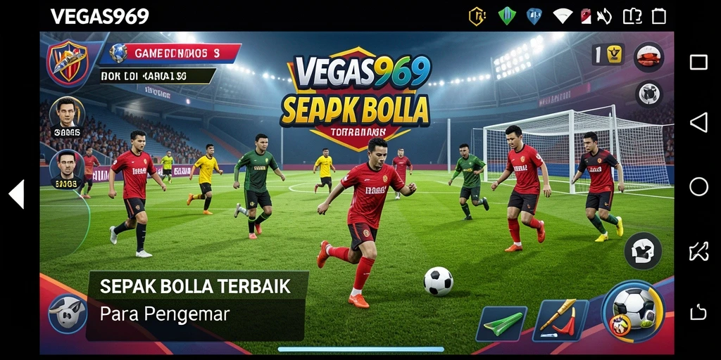 Screenshot utama VEGAS969 menampilkan aksi seru di lapangan sepak bola.